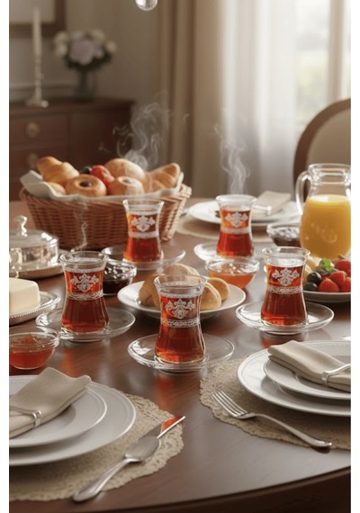 İnsigne Model Desenli Şeffaf Cam Çay Seti 12 Parça Çay Takımı Şeffaf