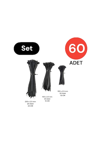 Tek-iş Plastik Kablo Bağı Cırt Kelepçe Set 100-150-250 X 2.5 Mm Siyah 20 X 3 60 Adet