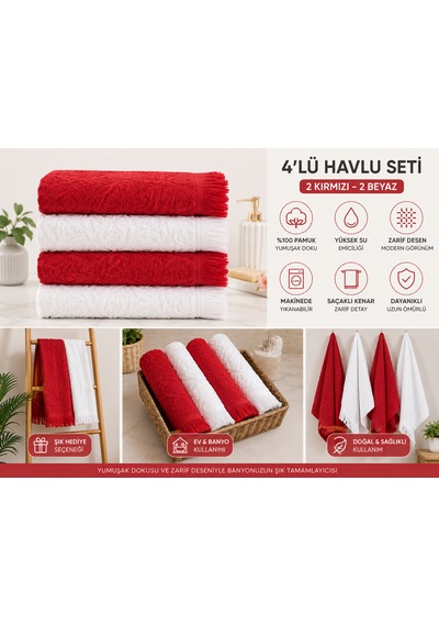 Pamuklu Mutfak Havlusu 4'lü Set 30x50 Cm El Ve Kurulama Havlusu Yumuşak Emici Çok Amaçlı Kırmızı