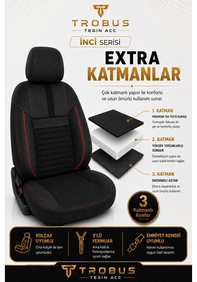 Isuzu D-max 2002-2012 Uyumlu İnci Serisi Siyah Kırmızı Oto Koltuk Kılıfı