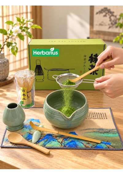 Herbarius 8 Parça Parlak Mint Yeşili Renk Matcha Çayı Hazırlama Seti - Geleneksel Japon Matcha Seti