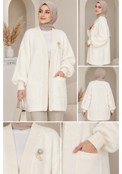 Aymiraa Kadın Angora Yumoş Triko Hırka Cepli Krem Krem