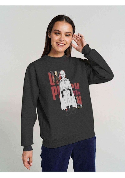 Anime One Punch Man Baskılı Füme Antrasit Kadın Sweatshirt (528388244)