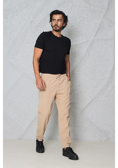 Blayn Jeans Erkek Haki Jogger Pantolon Beli Lastikli Bağcıklı %100 Pamuk Keten Baggy Rahat Günlük Pantolon Bej