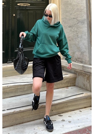 Koyu Yeşil Kapüşonlu Oversize Cepli Sweatshirt Mg2207