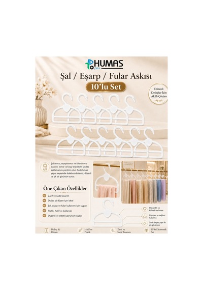 Şal Eşarp Fular Askısı 10'lu Set Dolap İçi Düzenleyici Askılık Beyaz