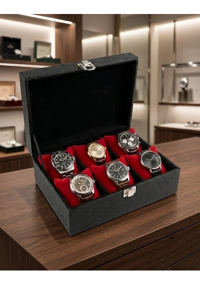 6 Lı Suni Deri Kadife Yastıklı Saat Organizer Kutusu Kırmızı