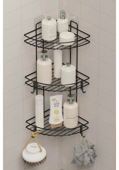 Yapışkanlı 3 Katlı Banyo Köşeliği Köşe Rafı Duş Şampuanlık Duvar Düzenleyici Organizer Raf Siyah