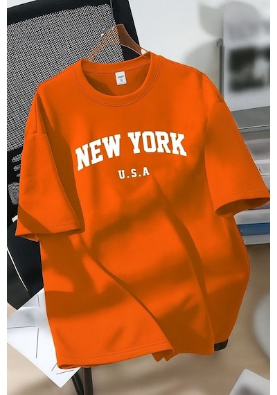New York U.s.a. Baskılı Unisex Tişört Turuncu