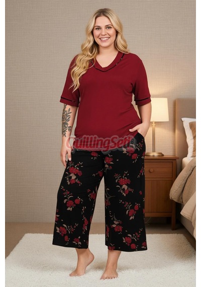 Lady Bordo Renk Ve Çiçek Desenli 10736 Pamuklu Büyük Beden Kapri Anne Pijama Takımı