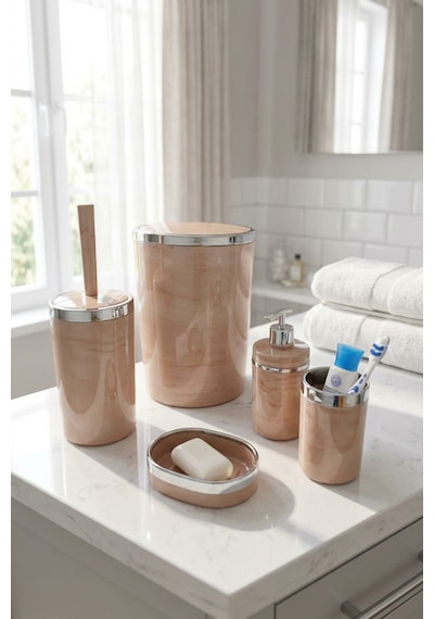 Makri Home Banyo Seti 5'li,yuvarlak,akrilik-çöpkovası, Wcfırçalık,sıvı Sabunluk,diş Fırçalık,el Sabunluk Somon