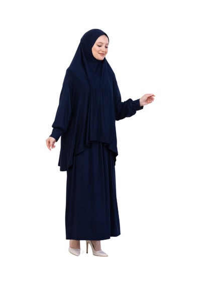 Modish Group İki Parça Namaz Elbisesi Uzun Pamuklu Tesettür Giyim Abaya & Başörtüsü Set Lacivert