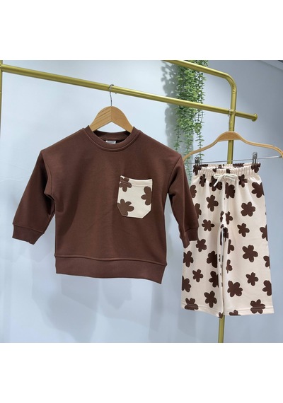 Çiçek Desenl Kız Çocuk Kahverengi Sweatshirt & Eşofman 3ip Alt Üst Takım
