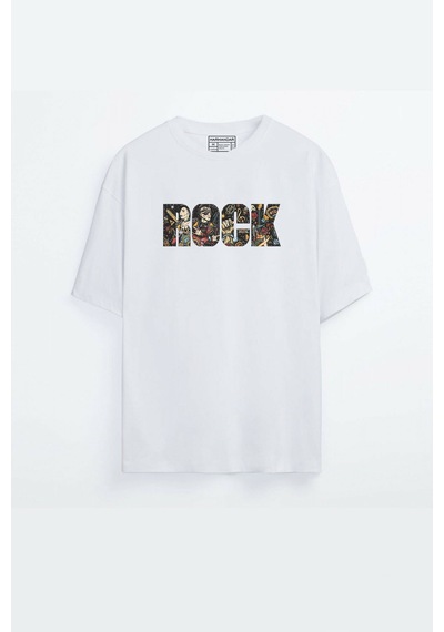 - Unisex Rock Baskılı Beyaz Oversize T-shirt Beyaz