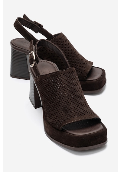 Luvi Shoes Penvıa Kahverengi Süet Hakiki Deri Kadın Kalın Topuklu Sandalet