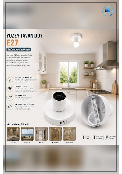 E27 Yüzey Tavan Duy Metal Beyaz Sıva Üstü Montaj Ampul Duyu Banyo