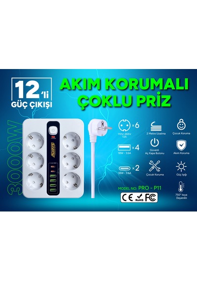 Akım Korumalı 6'lı Grup Priz 4 Usb'li Ve 2 Type-c Li 6'lı Grup Priz 2 M Kablo Çocuk Korumalı 2 M