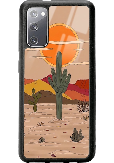 Samsung Uyumlu S20 Retro Kaktüs Güneş Tasarımlı Glossy Telefon Kılıfı Siyah
