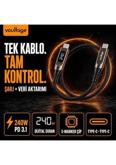 Type-c To Type-c 240w 1.2 M Dijital Watt Göstergeli Metal Uçlu Şarj Kablosu İphone 17, 16, 15, Samsung Galaxy S24, S23, Pixel, İpad, Macbook, Nintendo, Xiaomi Uyumlu, Siyah