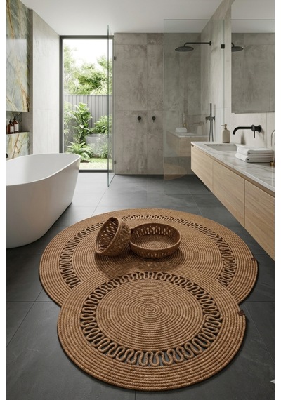 Senza Atelier 4'lü Jüt Banyo Paspas Ve Sepet Seti - Hasır Yuvarlak Halat Paspas - Boho Banyo Düzenleyici Organizer