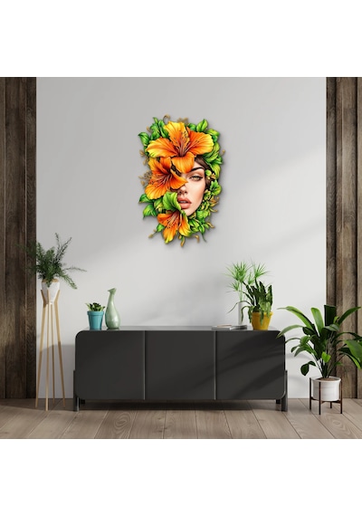 Turuncu Zambaklı Kadın Portresi - Metal Tablo - Dec0276 53 X 80 Cm Çok Renkli