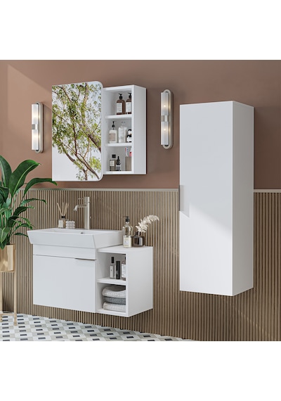 Likya Kapaklı Açık Raflı Mdflam Lavabolu 82 Cm Banyo Dolabı Beyaz