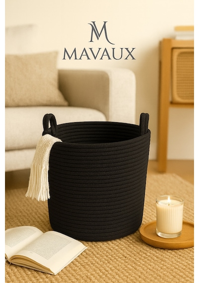 Mavaux Çok Amaçlı, 30cm-30cm Orta Boy, Yanları Saplı, Jüt, Hasır, Dokuma Sepet, Düzenleyici Organizer Siyah