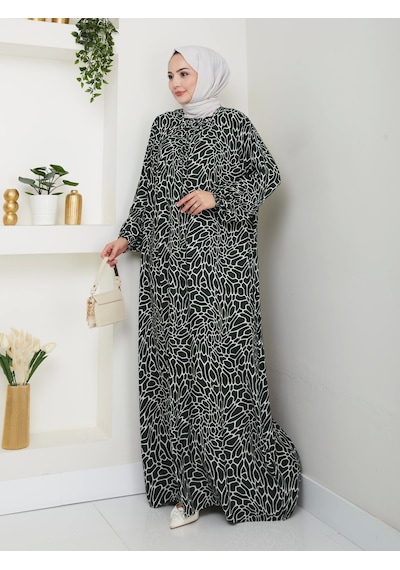 Nevayla Moda Desenli Önü Büzgülü Viskon Elbise - Haki / E0131 Haki