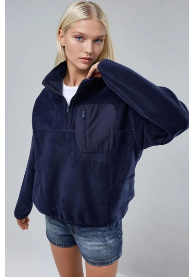 Hiccup Busem Fermuarlı Yakalı Peluş Örme Sweatshirt, Cepli Lacivert