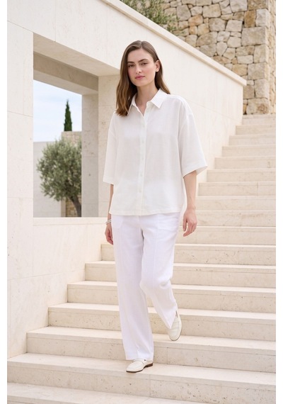 Kadın Beyaz Oversize Keten Görünümlü Gömlek Kısa Kollu Düğmeli Rahat Kalıp Yazlık Gömlek Basic Bluz