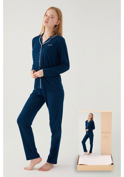 Pierre Cardin 8768 Önden Düğmeli Kadın Pijama Takım Uzay Lacivert