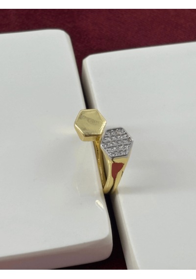 Silver Taşlı Bal Peteği Detaylı Gold Yüzük Gold