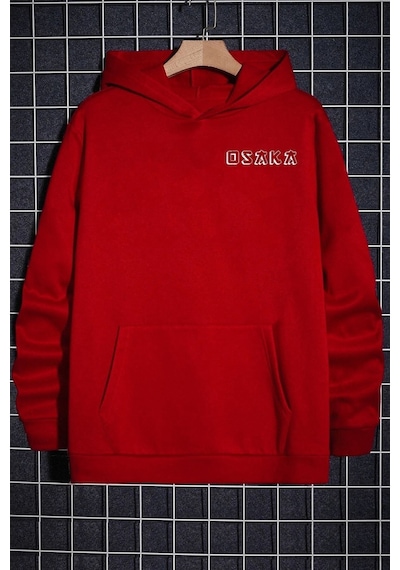 Uyguntarz Unisex Osaka Baskılı Kapüşonlu Sweatshirt Kırmızı