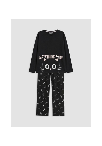 Lcw Young Siyah Bisiklet Yaka Baskılı Kadın Pijama Takım
