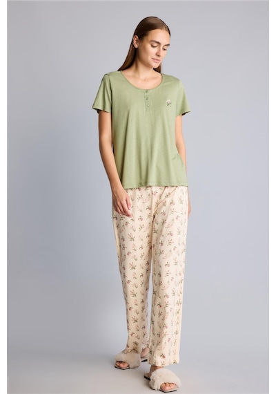 Defacto %100 Pamuk Regular Fit Kısa Kollu İşlemeli Üst Çiçekli Geniş Paça Alt 2li Pijama Takım I6408ax26aukh461 Haki-kh461