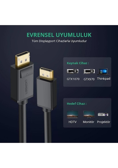 Ugreen 4k 60hz Displayport - Displayport Kablo, Siyah, 1.5 Metre, 10245