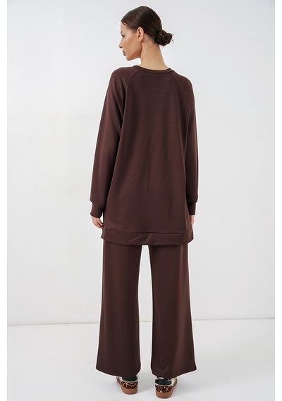 Bigdart Kadın Desenli Oversize Tunik Pantolon İkili Takım 55462 - Kahverengi
