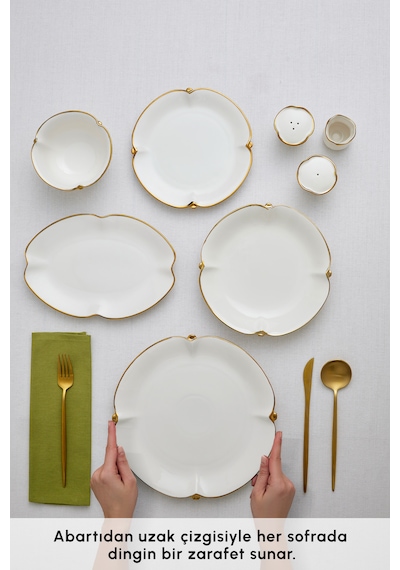 Karaca Stream Bone Dot 53 Parça 12 Kişilik Yemek Takımı Gold Beyaz - Gold
