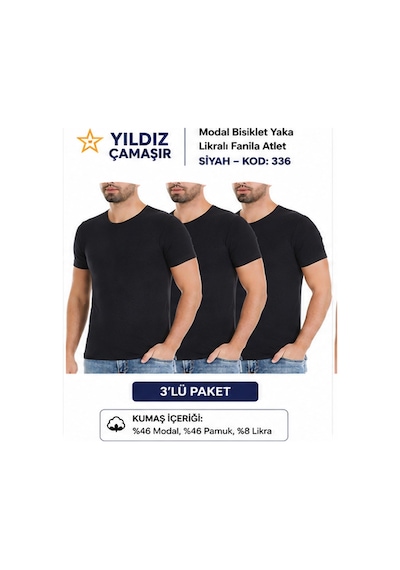 Yıldız Çamaşır Erkek Modal Bisiklet Yaka Likralı Fanila Atlet 335-336-337-338 - 3 Adet Siyah