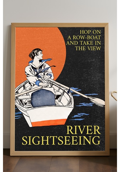 Row Boat Doğal Ahşap Çerçeveli Poster, Dekoratif Seyahat Duvar Tablosu