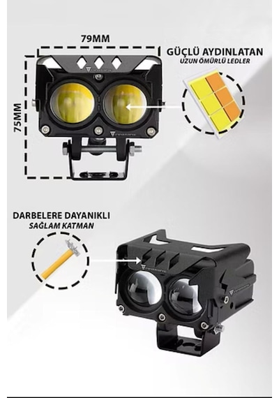 2 Adet Led Spot Işık Ve Sarı Beyaz Projektör Lens 2 Gözlü Dikdörtgen Baykuş Led Off Road Lamba Motosiklet