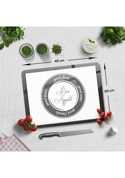Decorita Cam Kesme Tahtası | Good Food - Beyaz Fon | 30 x 40cm