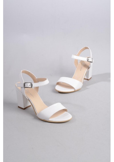 Seç Kundura Seç 0032 Hakiki Deri Tek Bant Sandalet Topuk Boyu 8,5cm Beyaz - 37 Beyaz
