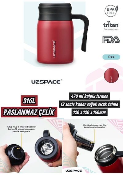 470 Ml Kulplu Termos 12 Saate Kadar Soğuk Sıcak Tutma 120 X 120 X 150mm 316l Paslanmaz Çelik Kırmızı