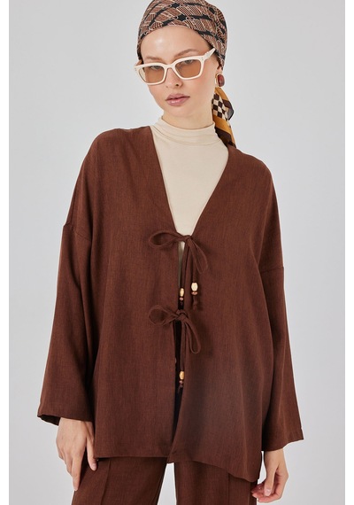 Bigdart Kadın Keten Kimono İkili Takım 6727 - Kahverengi