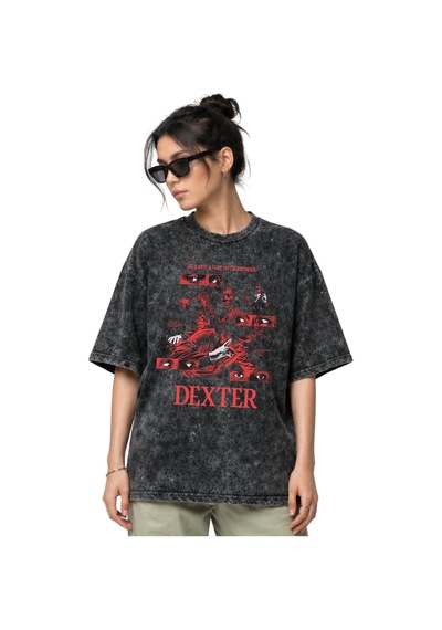 Dexter Dizi Ön Baskılı Unisex Oversize Eskitme Yıkamalı Tişört Siyah