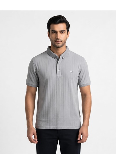 Özeniş Erkek Polo Yaka Slim Fit Çizgili Desen Kaşkorse T-shirt Gri