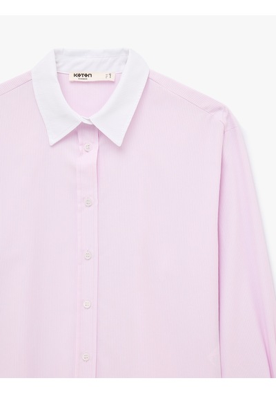 Koton Düğmeli Slim Fit Klasik Yaka Renk Bloklu Uzun Kollu Gömlek Pınk Strıpe 7wak60049uw Pembe Çizgili