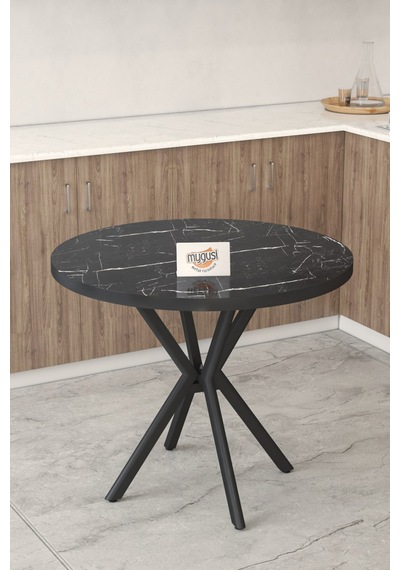Gnr 90cm Sabit Siyah Mutfak Masası Takımı, Yemek Masası, 4 Modern Siyah Sandalye Siyah