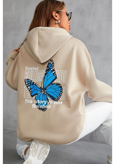 Uyguntarz Unisex Kelebek Sırt Baskılı Sweatshirt Bej